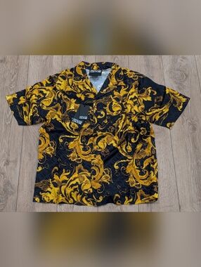 $575 Mens Versace Jeans Couture Barocco Button Up Shirt Black/Gold 50 US Large t